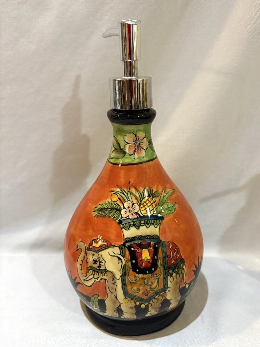 Ceramic Liquid Soap Dispenser Hand Painted Elephant Floral by New West Indies
